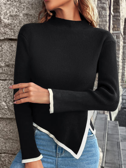 Knit Mix Mock Neck Sweater - Contrast Trim, Asymmetrical Hem-Free Shipping