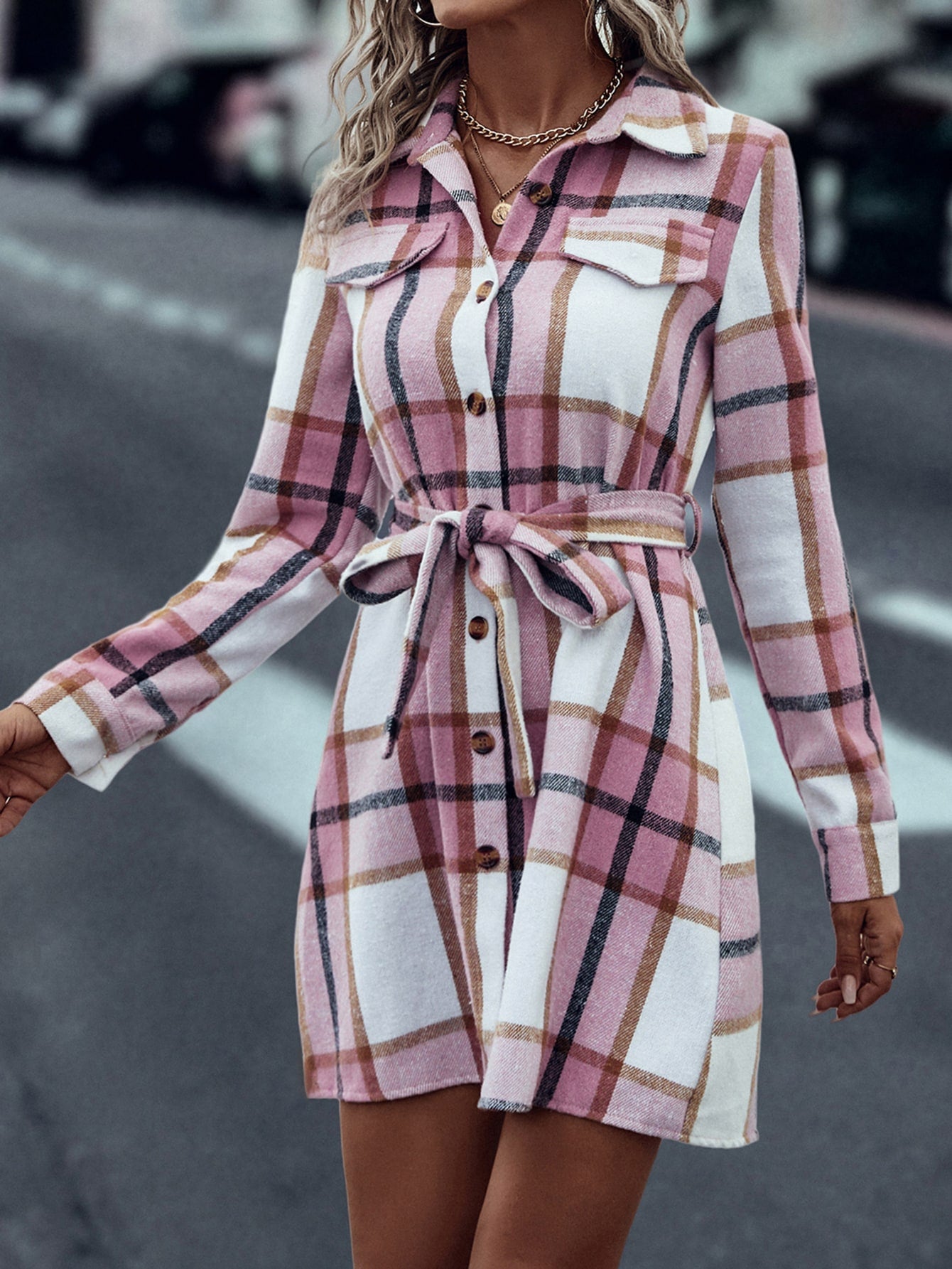 Women’s Plaid Single Breasted Belted Shirt Dress