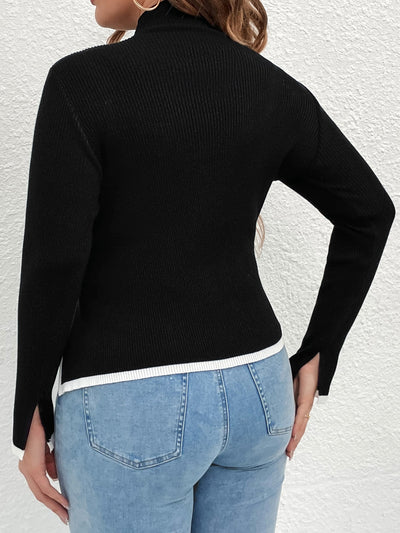 "Plus Size Knit Sweater - Contrast Binding, Asymmetrical Hem"