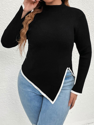 "Plus Size Knit Sweater - Contrast Binding, Asymmetrical Hem"