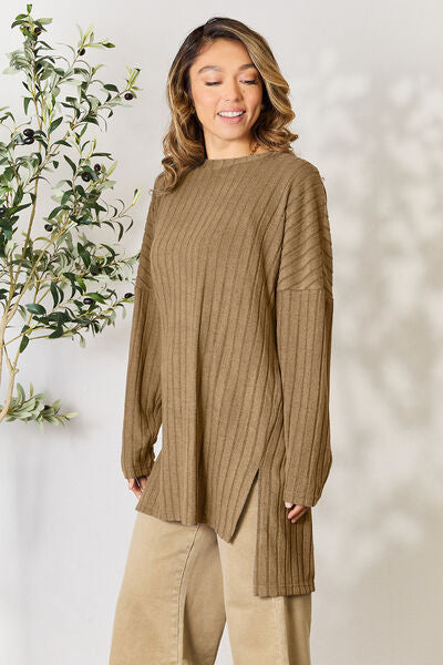 Sleek and Versatile: Full-Size Ribbed Long Sleeve Top with Elegant Neckline and Side Slit"