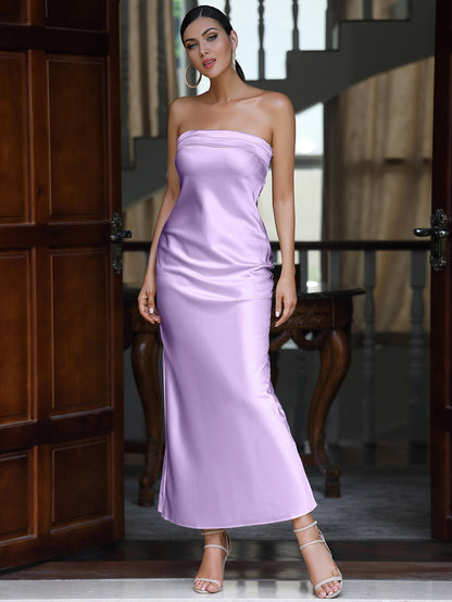 Luxurious Satin Strapless Midi Dress with Sleek Cut-Out Back