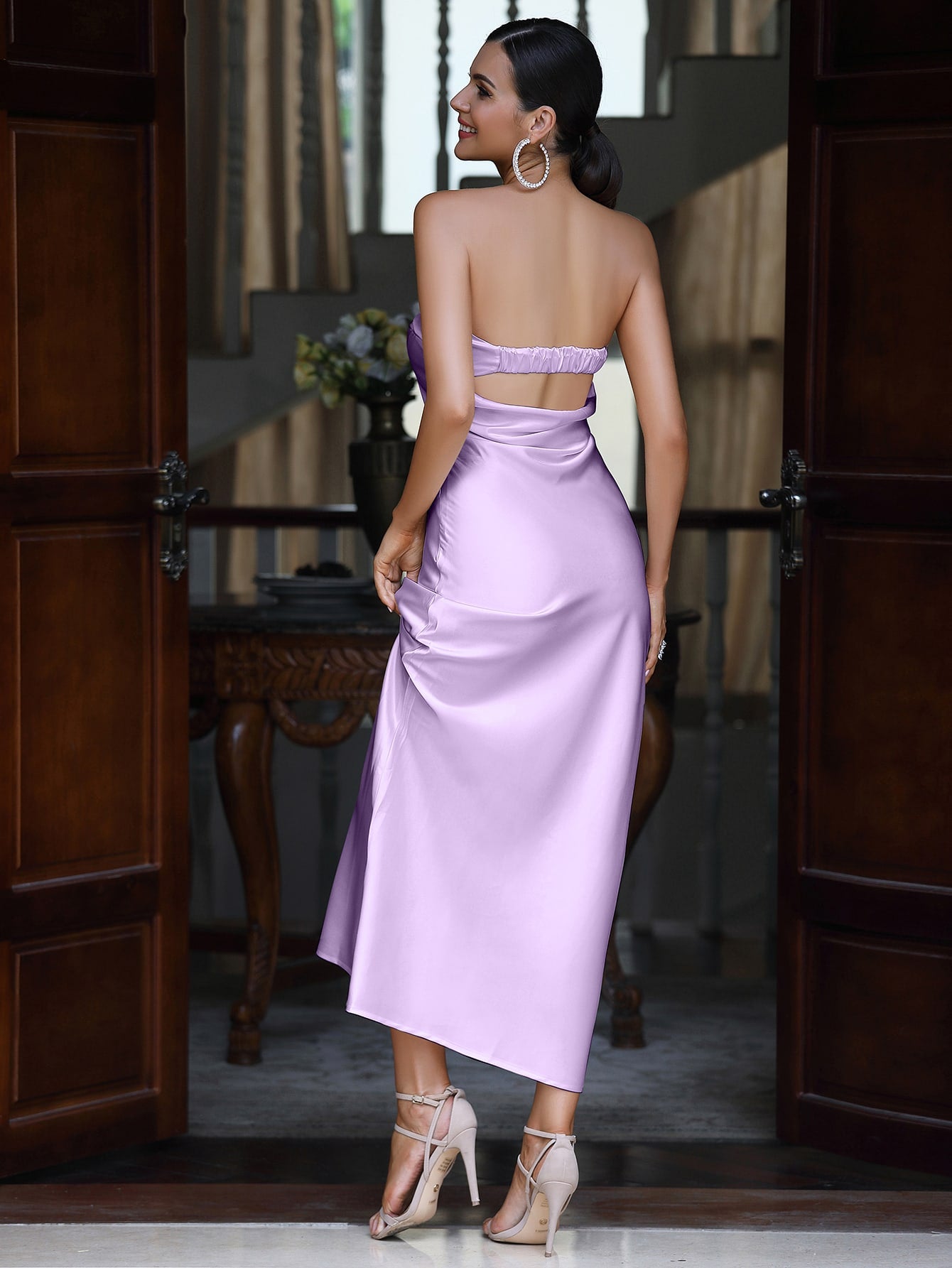 Luxurious Satin Strapless Midi Dress with Sleek Cut-Out Back