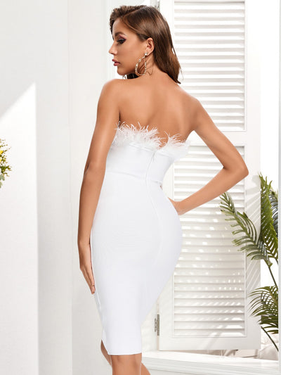 Feather Trim Form-fitting Strapless Dress