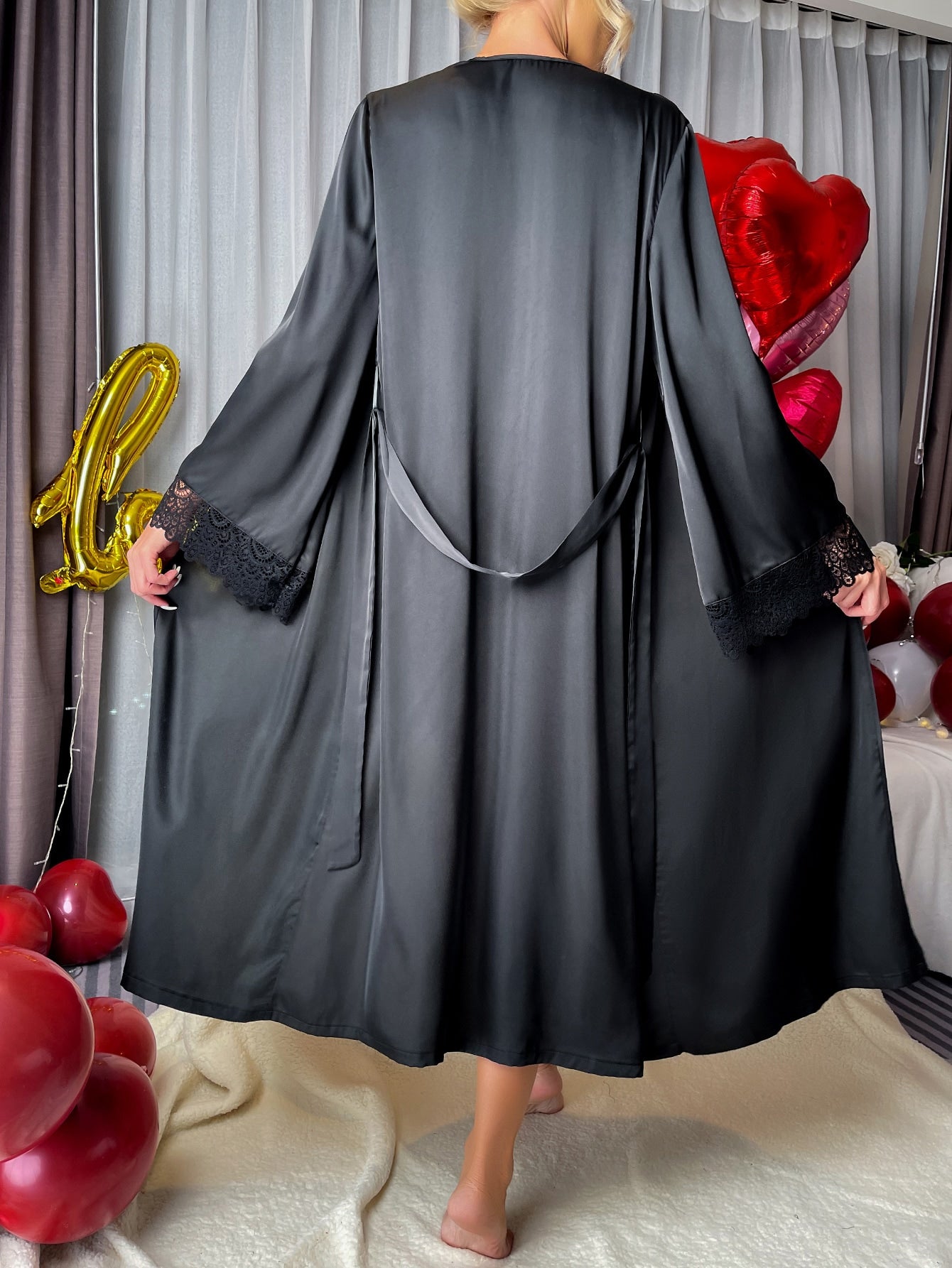 Contrast Lace Belted Satin Robe