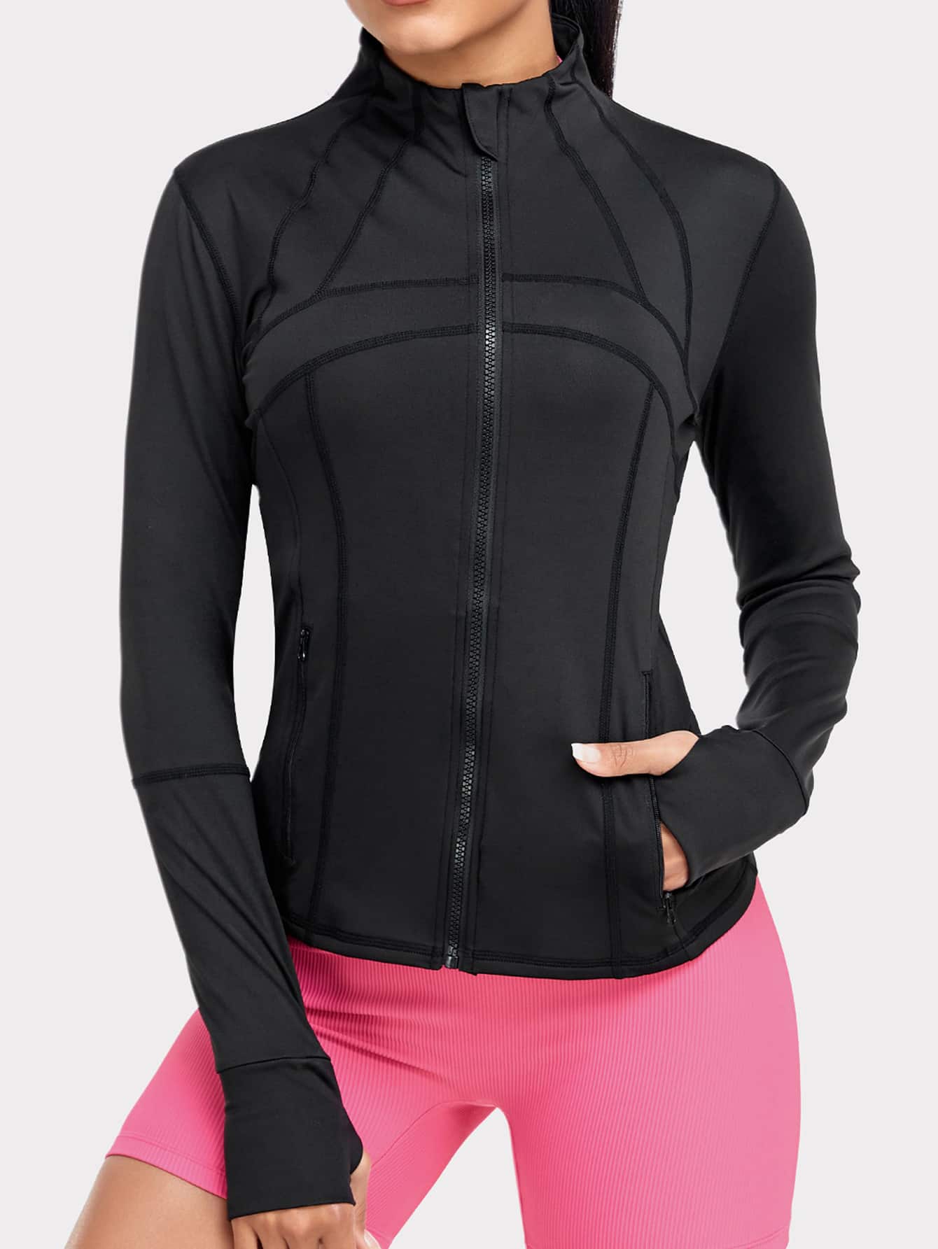 Women's Athletic Sports Jacket: Dual Zip Pockets & Thumb Hole Design