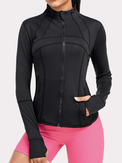 Women's Athletic Sports Jacket: Dual Zip Pockets & Thumb Hole Design