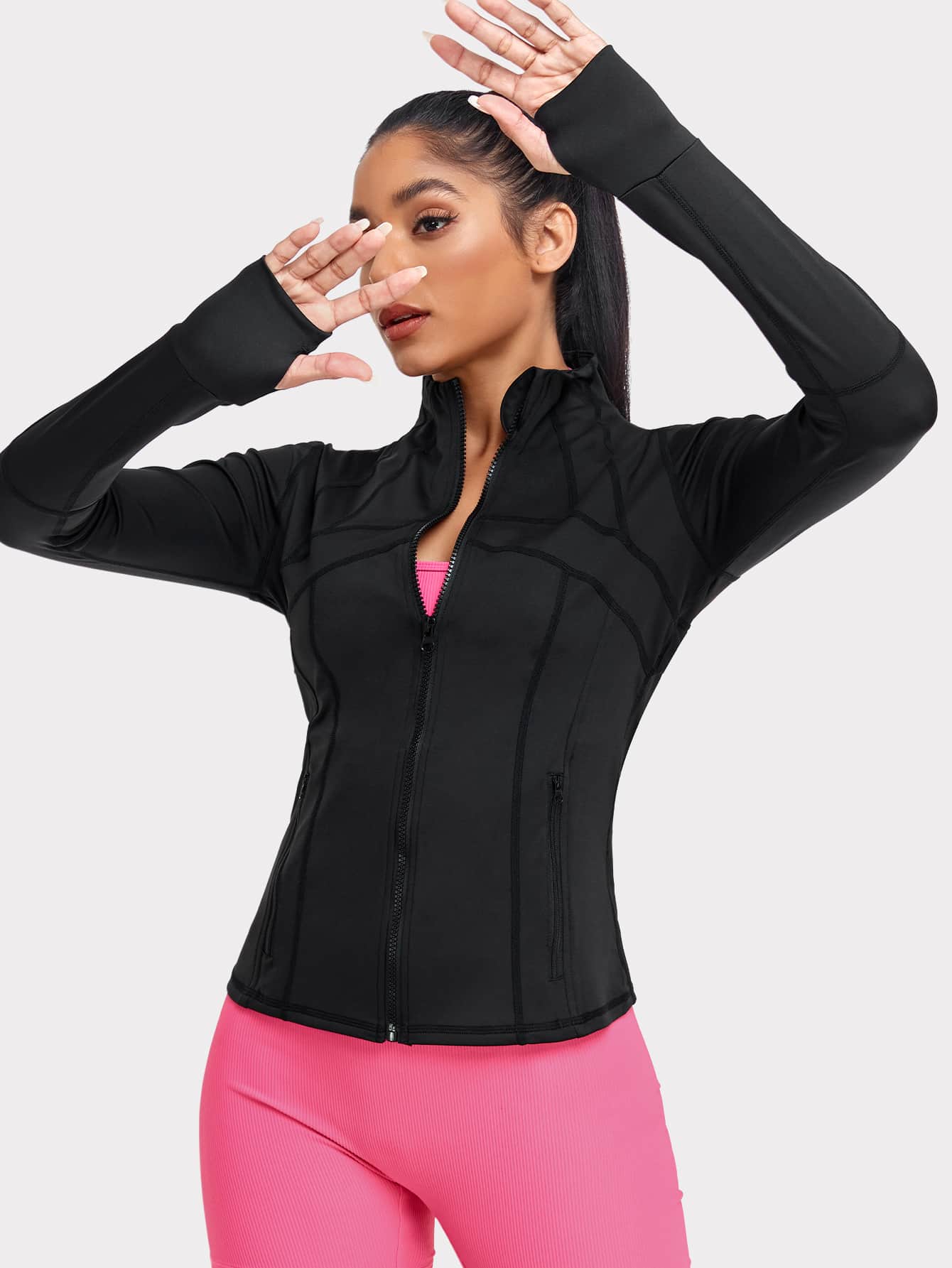 Women's Athletic Sports Jacket: Dual Zip Pockets & Thumb Hole Design