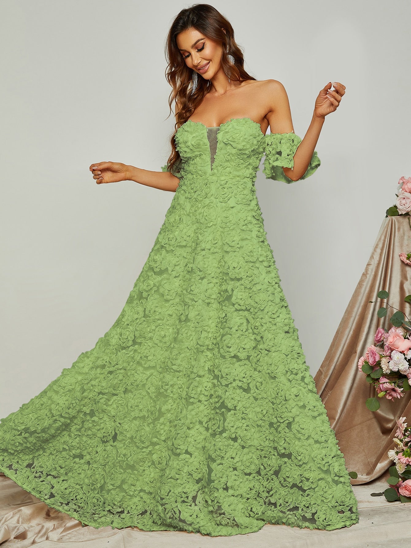 Enchanting Off Shoulder Floral Appliques Formal Dress-Free Shipping