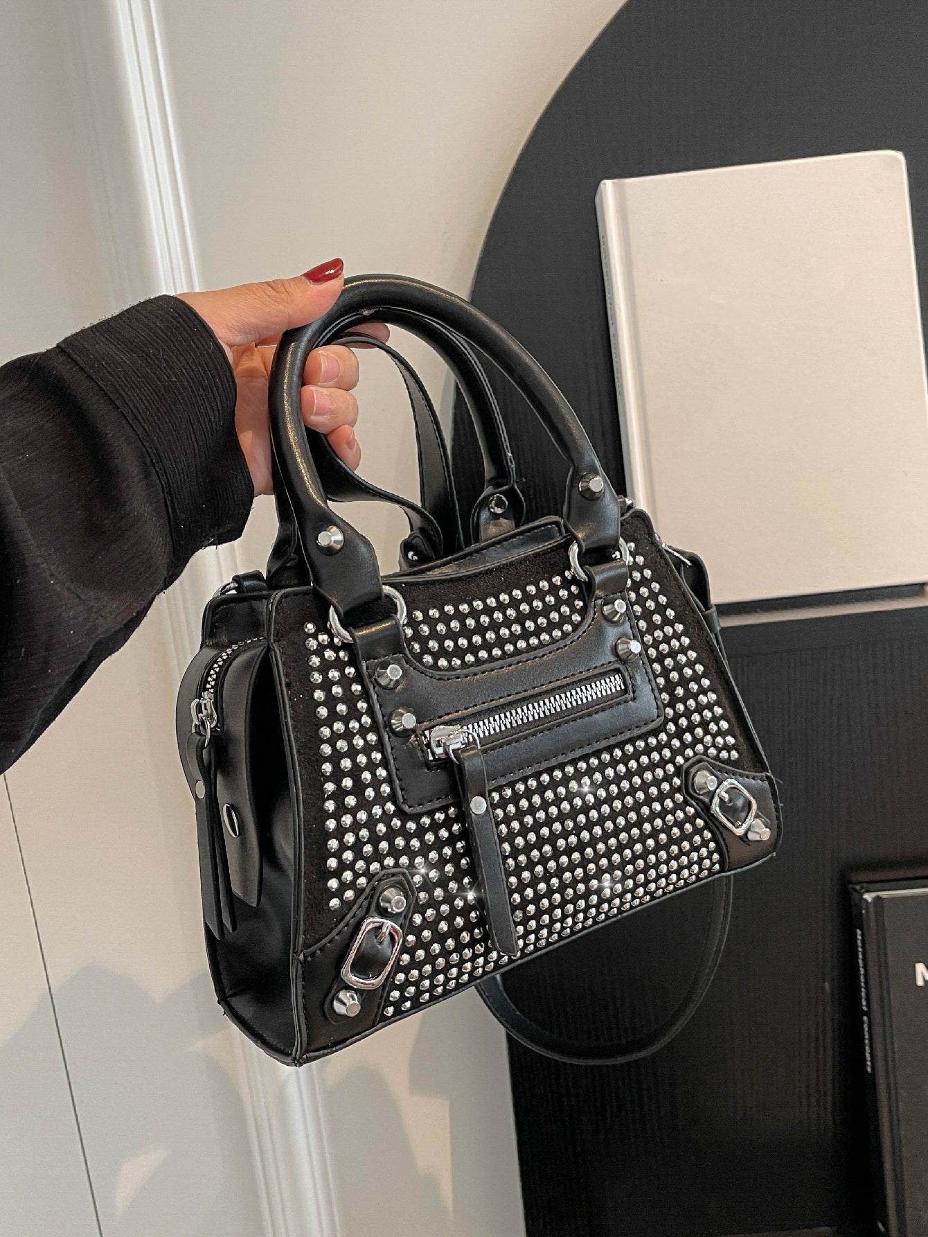 Sleek and Chic: Small Square Bag with Studded Decor and Double Handle