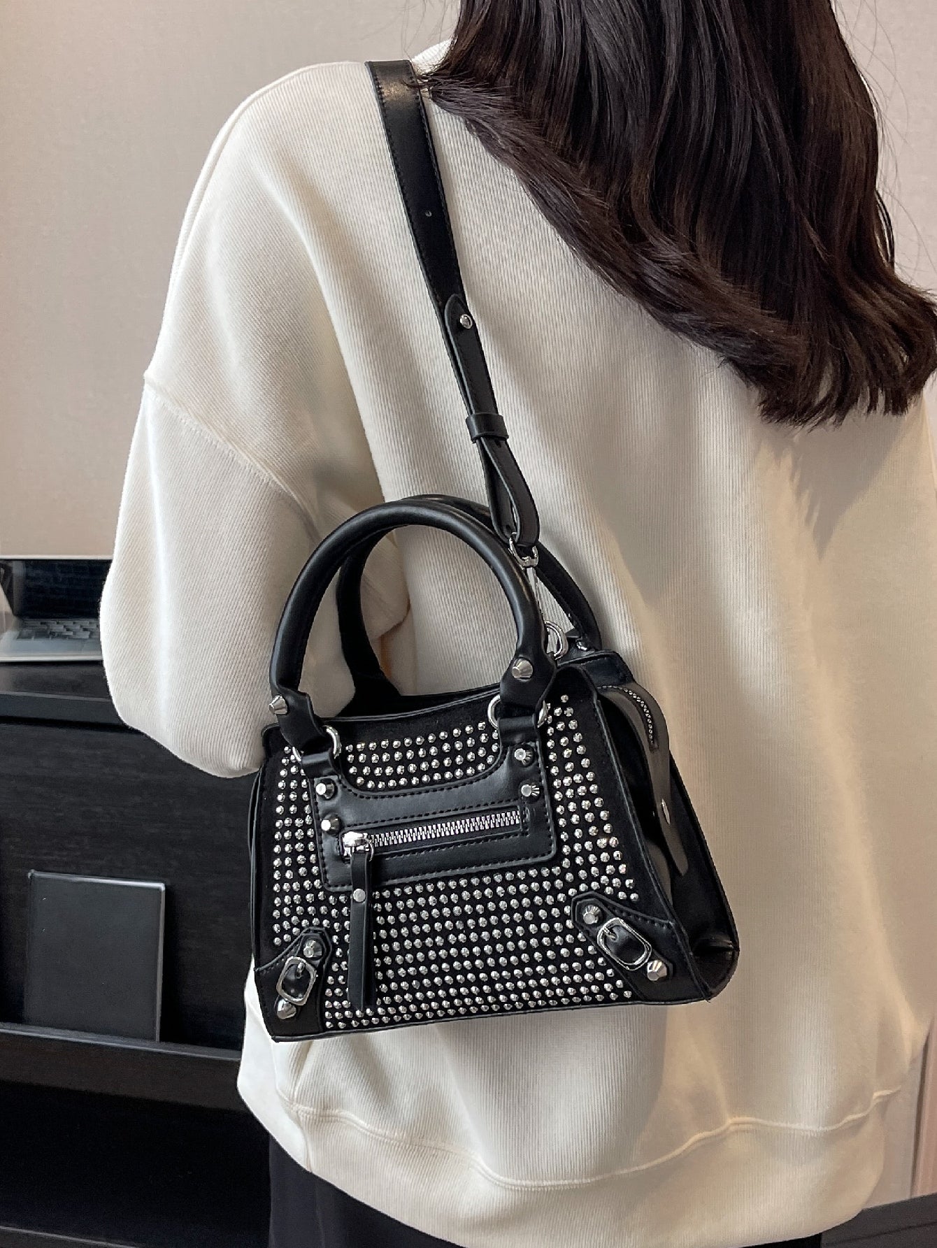 Sleek and Chic: Small Square Bag with Studded Decor and Double Handle