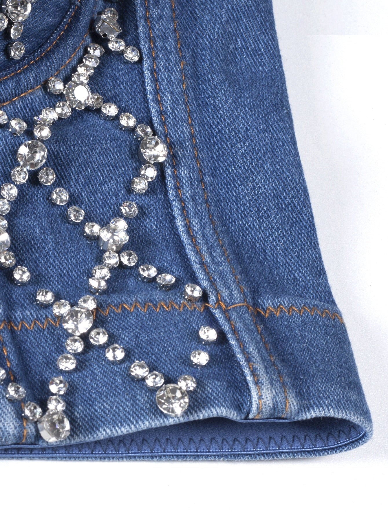 Sparkling in Denim: Rhinestone Bustier Crop Cami Top