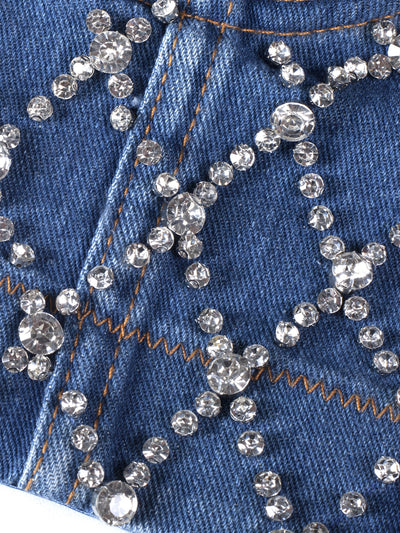 Sparkling in Denim: Rhinestone Bustier Crop Cami Top