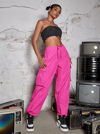 Street Vibes Drawstring Waist Wide Leg Parachute Cargo jogger Pants