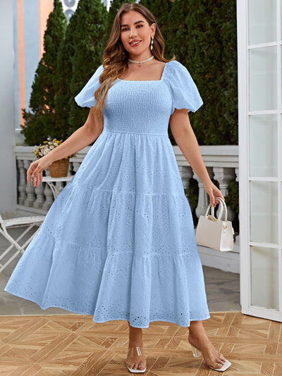 Square Neck Puff Sleeve Ruffle Hem Plus Size Dress - A Perfect Blend of Elegance and Romanticism