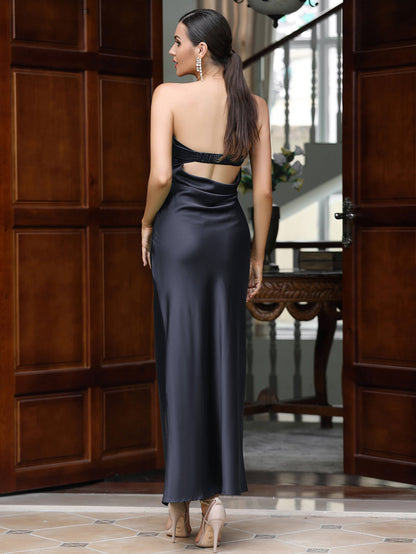 Luxurious Satin Strapless Midi Dress with Sleek Cut-Out Back