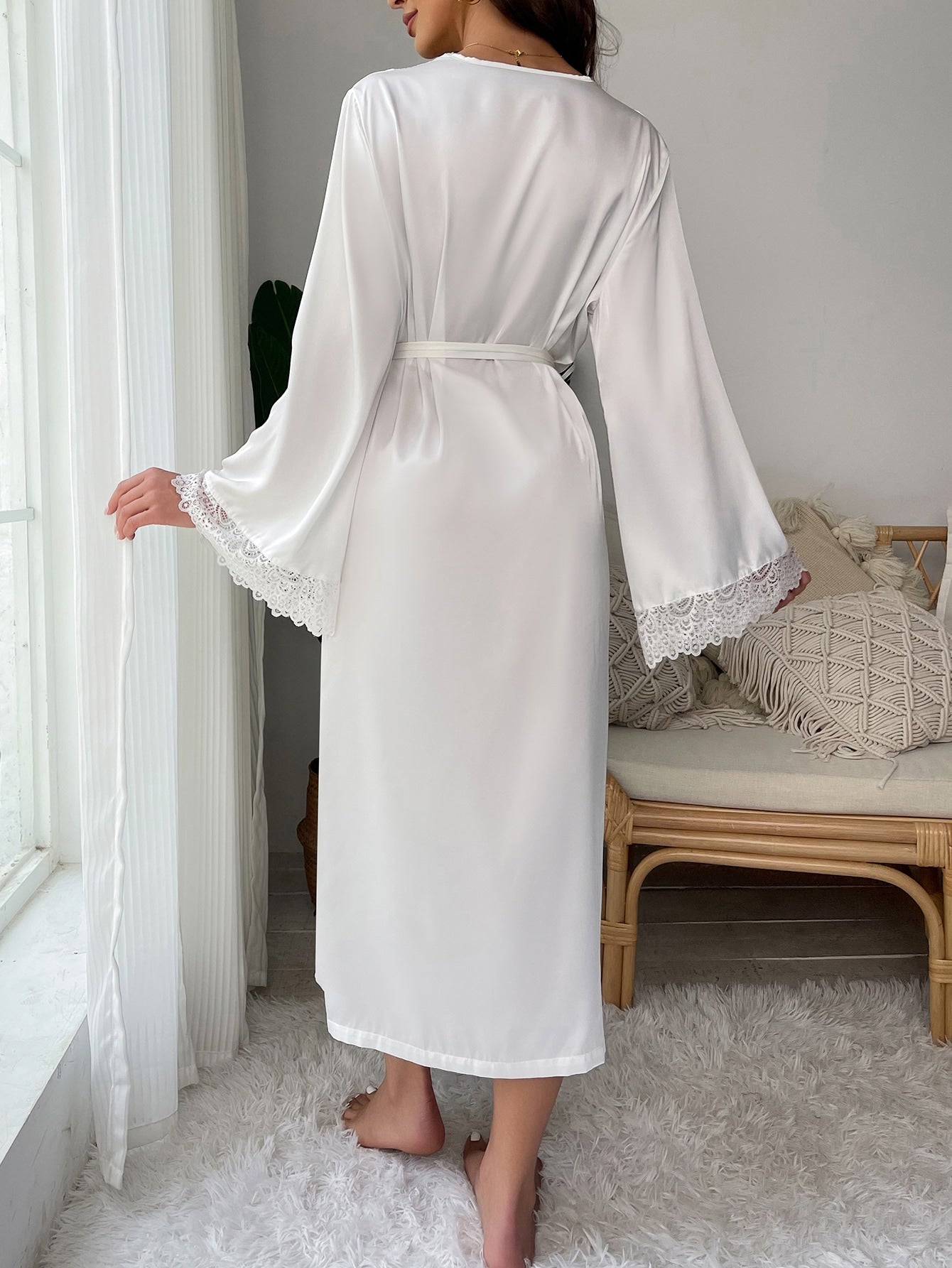 Contrast Lace Belted Satin Robe