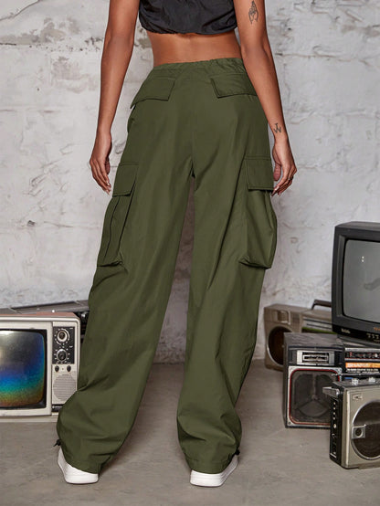 Street Vibes Drawstring Waist Wide Leg Parachute Cargo jogger Pants