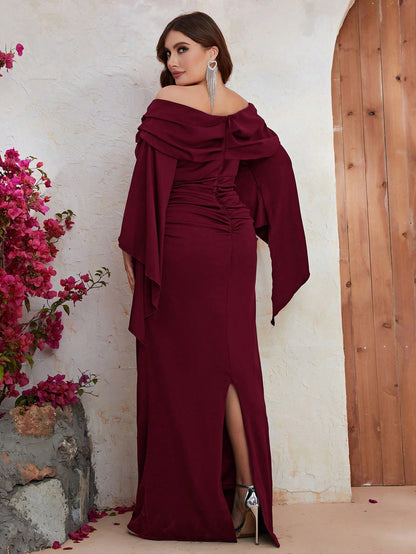 Stunning Off-Shoulder Full-Length Plus Size Dress with Flared Sleeves and Ruched Detail - Free Shipping