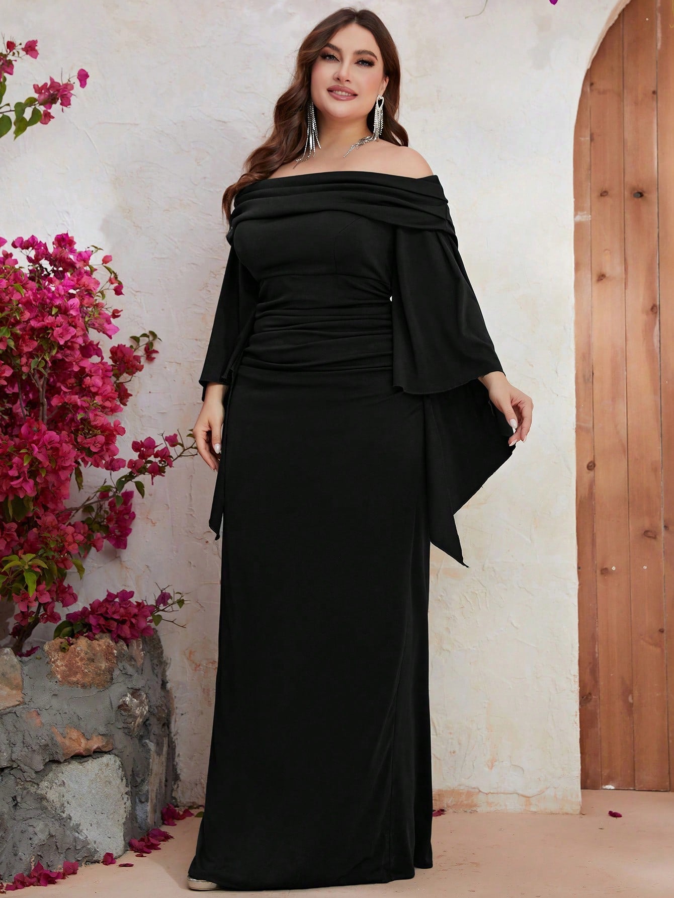 Stunning Off-Shoulder Full-Length Plus Size Dress with Flared Sleeves and Ruched Detail - Free Shipping