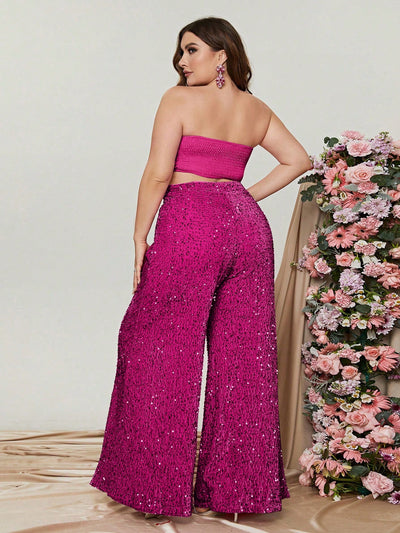 Effortlessly Chic: Plus Size Bandeau Top with Wide Leg Sequin Pants