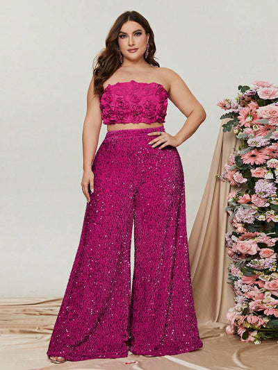 Effortlessly Chic: Plus Size Bandeau Top with Wide Leg Sequin Pants