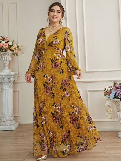 V-Neck Plus Size Lace Maxi Dress - Flowy A-Line-Free Shipping