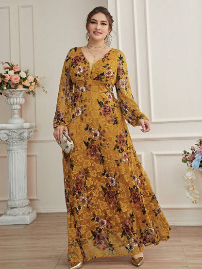 V-Neck Plus Size Lace Maxi Dress - Flowy A-Line-Free Shipping