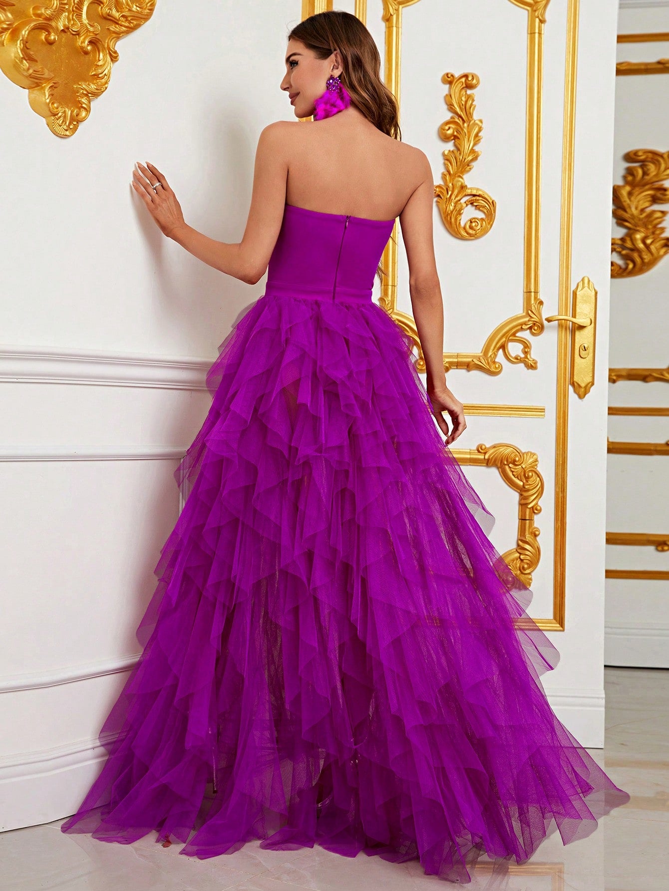 Regal Strapless Evening Gown with Flowing Mesh Overlay