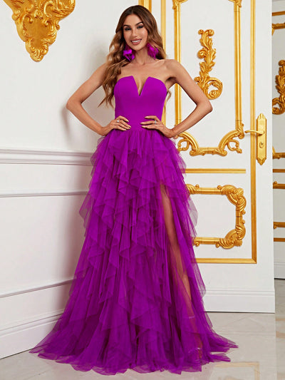 Regal Strapless Evening Gown with Flowing Mesh Overlay