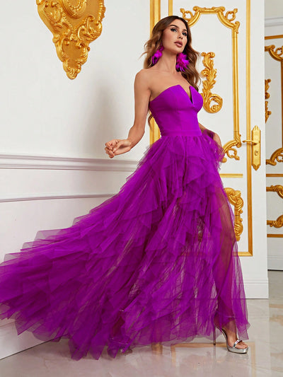 Regal Strapless Evening Gown with Flowing Mesh Overlay