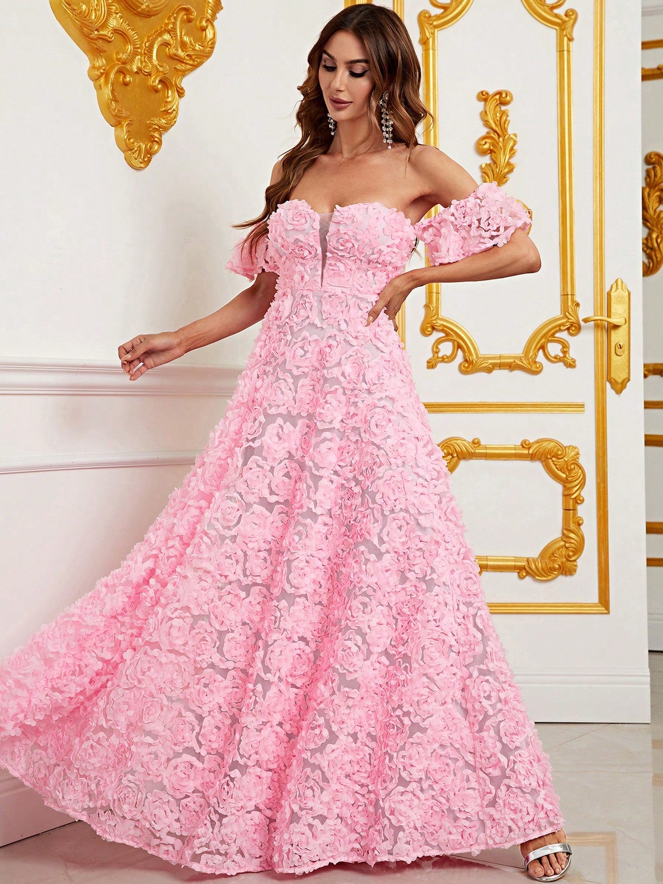 Enchanting Off Shoulder Floral Appliques Formal Dress-Free Shipping