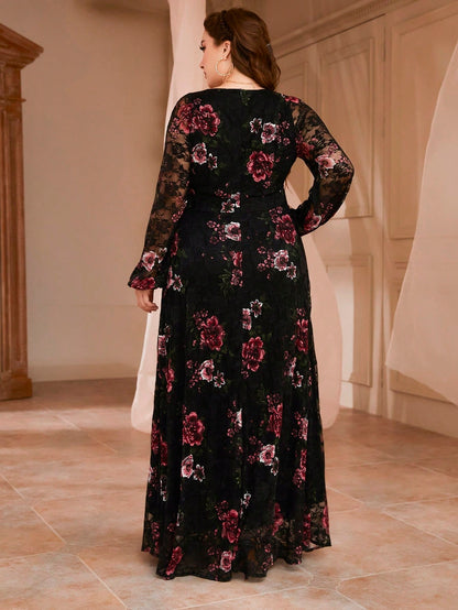 V-Neck Plus Size Lace Maxi Dress - Flowy A-Line-Free Shipping