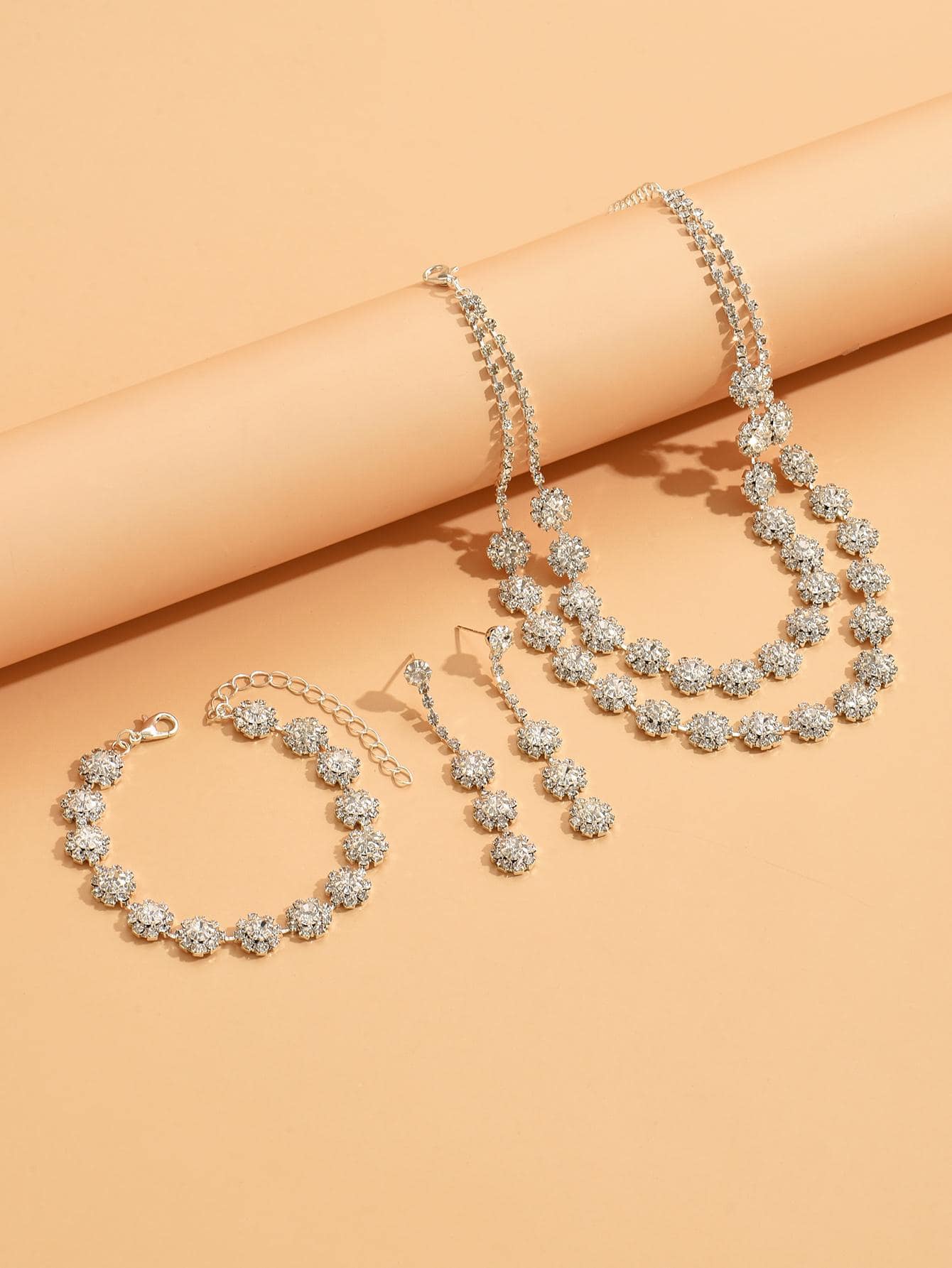 Sparkling Rhinestone Glam: Necklace, Earrings, and Bracelet Set