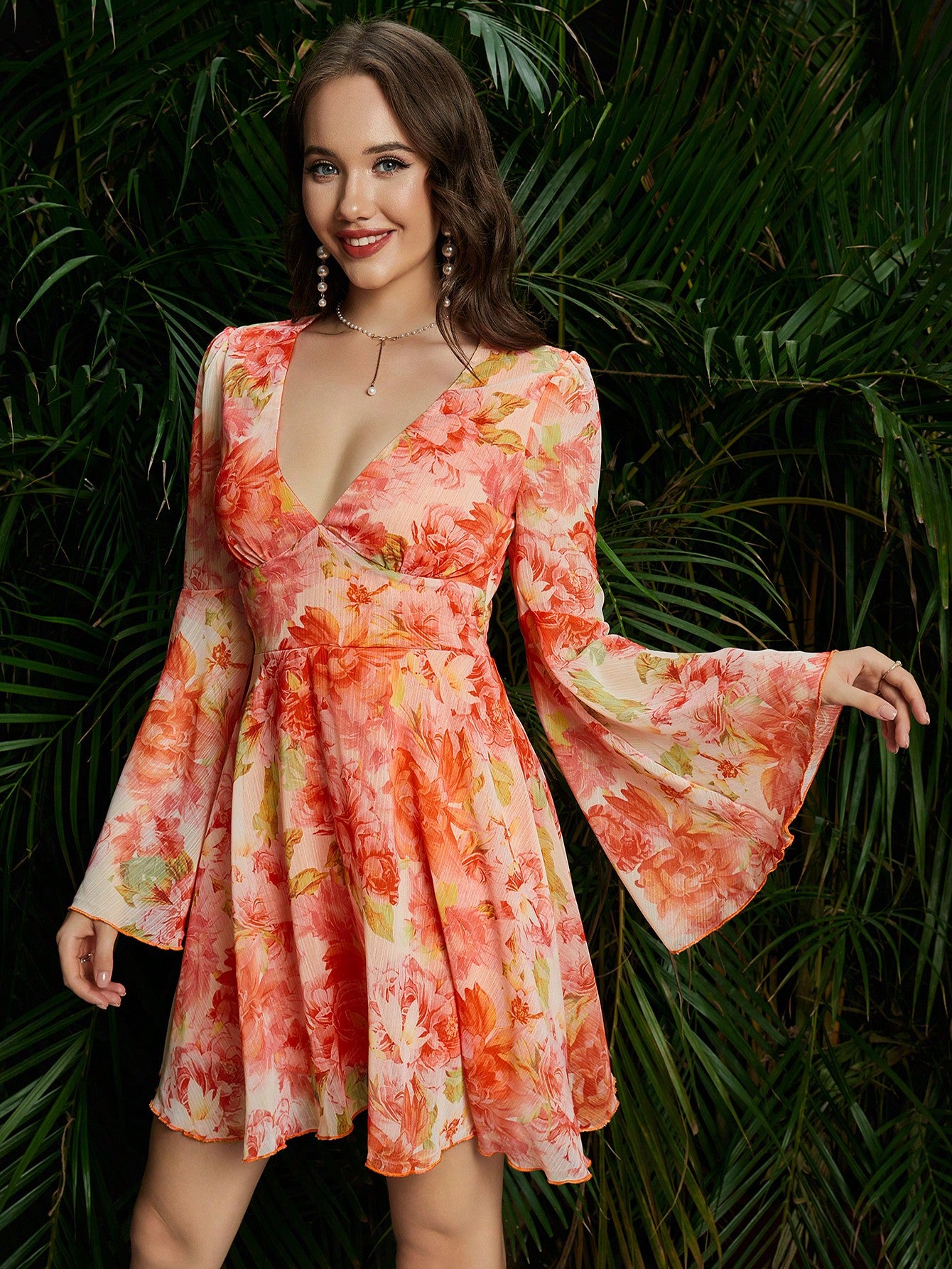 Elegantly Floral V-Neck Flounce Sleeve Fit & Flare Silhouette Dress