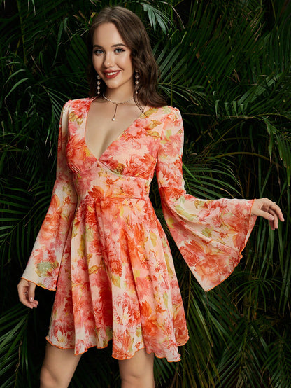 Elegantly Floral V-Neck Flounce Sleeve Fit & Flare Silhouette Dress