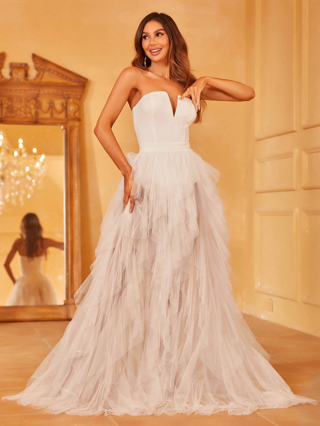 Regal Strapless Evening Gown with Flowing Mesh Overlay