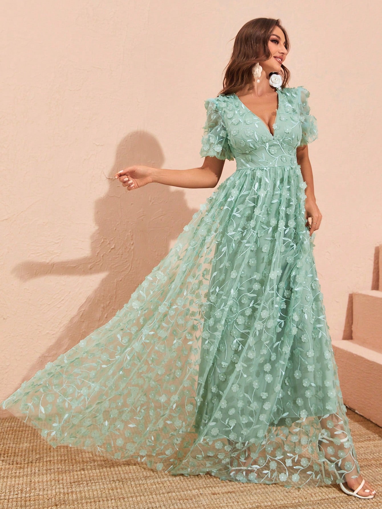 Elegant Floral Applique Mesh Deep V neck Maxi Dress-Free Shipping