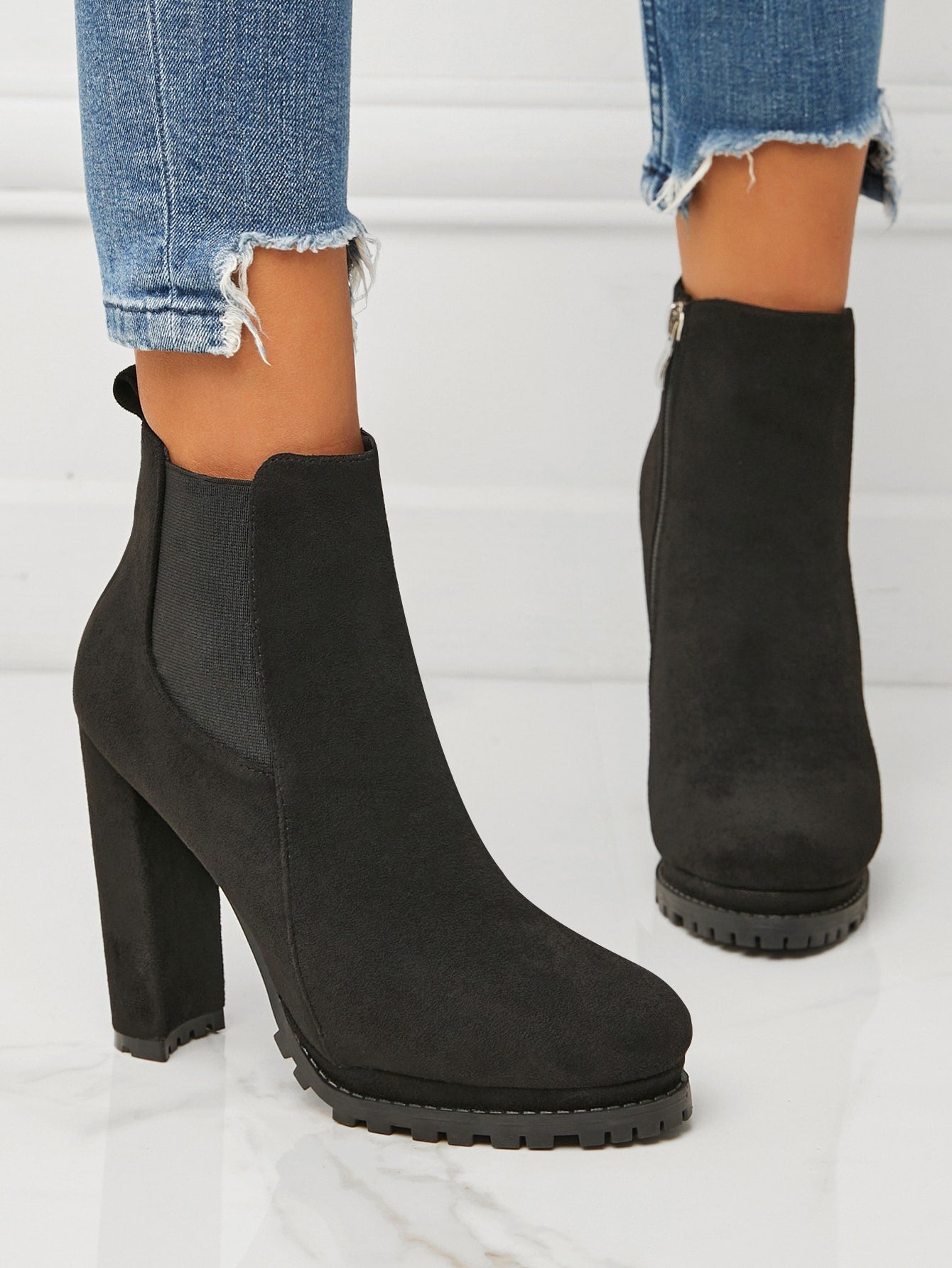 Women's Black Side Zipper Chunky Heel Chelsea Boots, Elegant Winter Ankle Boots