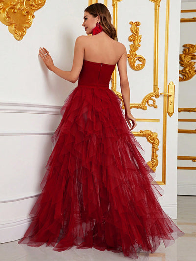 Regal Strapless Evening Gown with Flowing Mesh Overlay