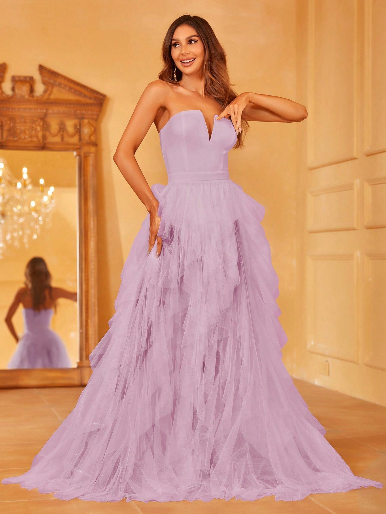 Regal Strapless Evening Gown with Flowing Mesh Overlay