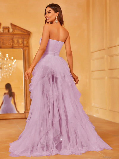 Regal Strapless Evening Gown with Flowing Mesh Overlay