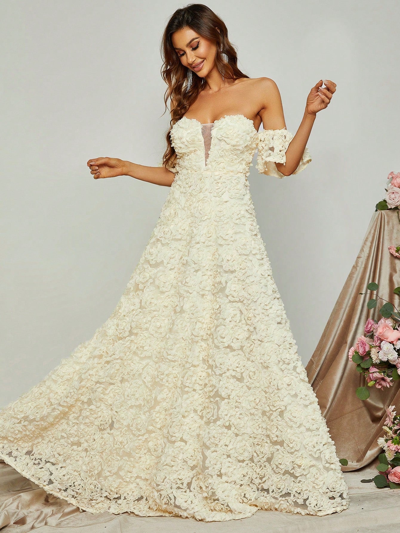 Enchanting Off Shoulder Floral Appliques Formal Dress-Free Shipping