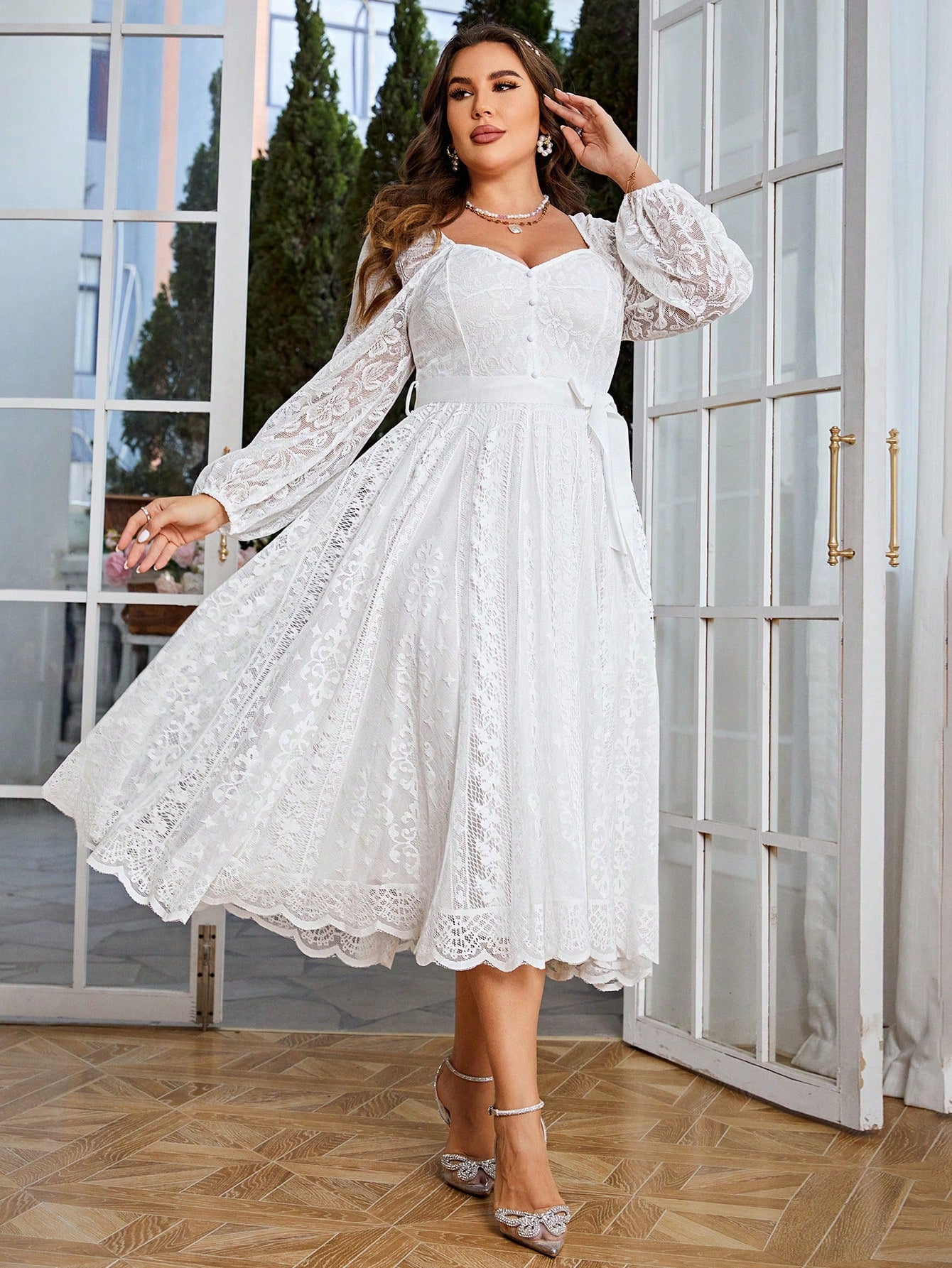 Plus Size Elegant Sweetheart Neck Lace Lantern Sleeve Belted Waist Fit & Flare Dress