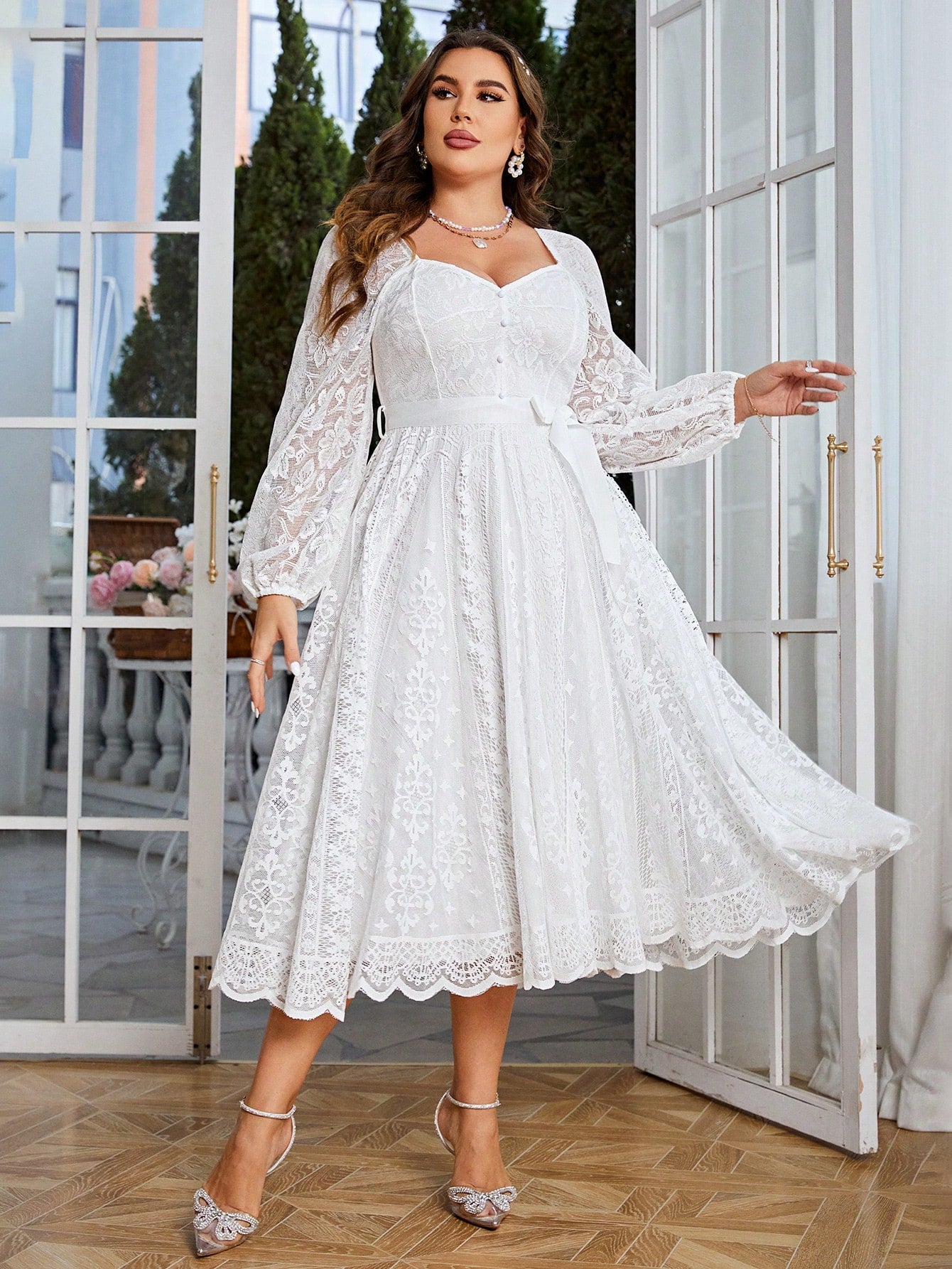 Plus Size Elegant Sweetheart Neck Lace Lantern Sleeve Belted Waist Fit & Flare Dress