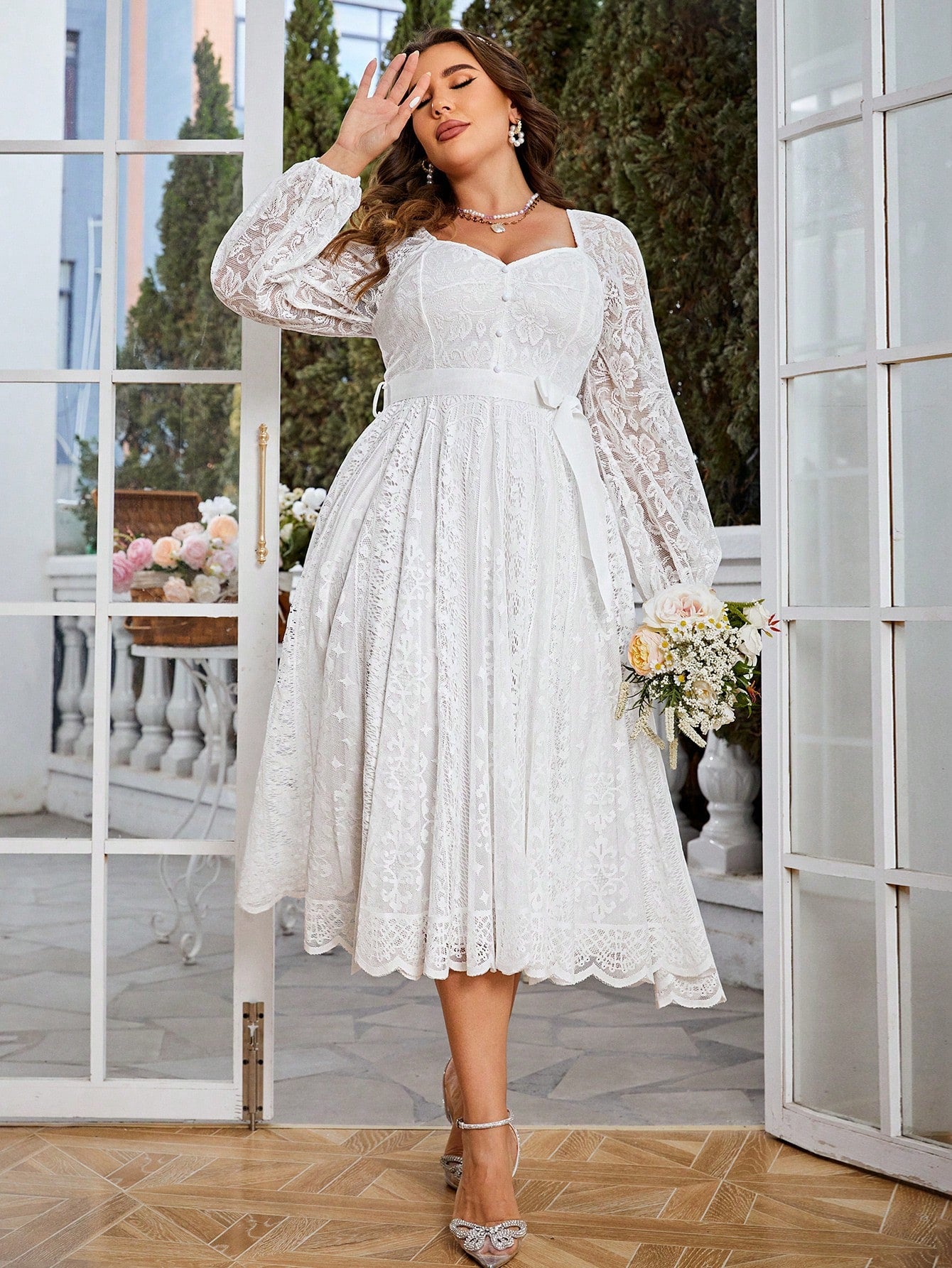 Plus Size Elegant Sweetheart Neck Lace Lantern Sleeve Belted Waist Fit & Flare Dress