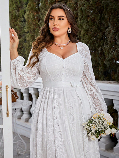 Plus Size Elegant Sweetheart Neck Lace Lantern Sleeve Belted Waist Fit & Flare Dress