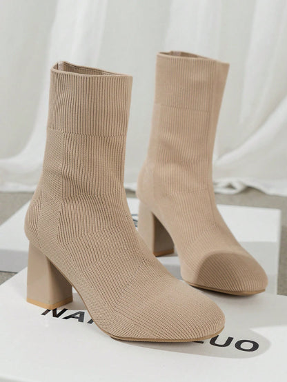 Women's Elegant & Fashionable Toe Boots In Beige With Chunky High Heels And Knitted Design