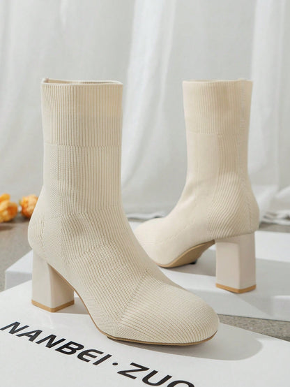 Women's Elegant & Fashionable Toe Boots In Beige With Chunky High Heels And Knitted Design