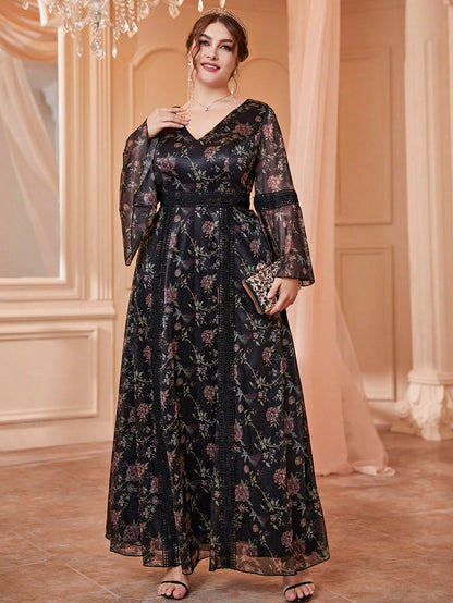 Simply Stunning: Plus Floral Print Flounce Sleeve Mesh Formal Dress